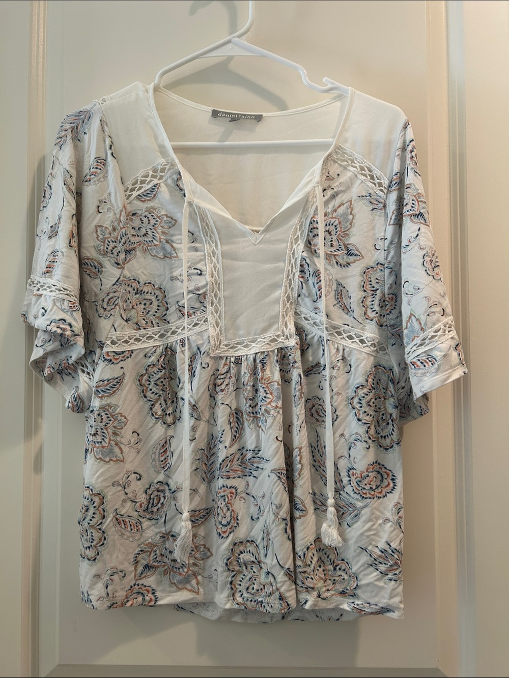 Daniel Rainn Floral Crochet-Trim Peasant Flowy Stretchy short sleeve Blouse XS
